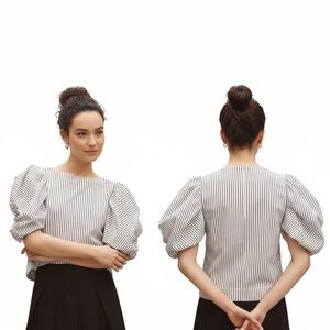 Anthropologie Maeve Black and White Striped boatneck with puff sleeve Blouse